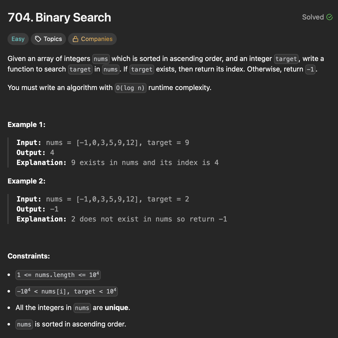 LC: 704: Binary Search